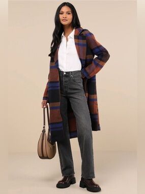 Avec Les Filles Brown & Blue Plaid Open Front Coatigan